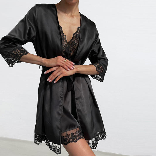 Black Lace Loose Comfortable Slip Nightdress Nightgown Two Pieces